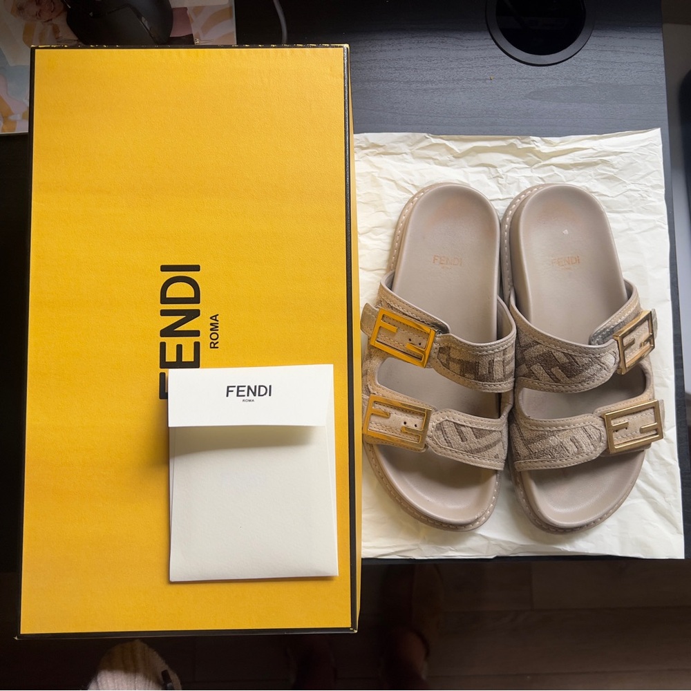 Fendi Dove Gray Monogram Buckle Sandals Size 37